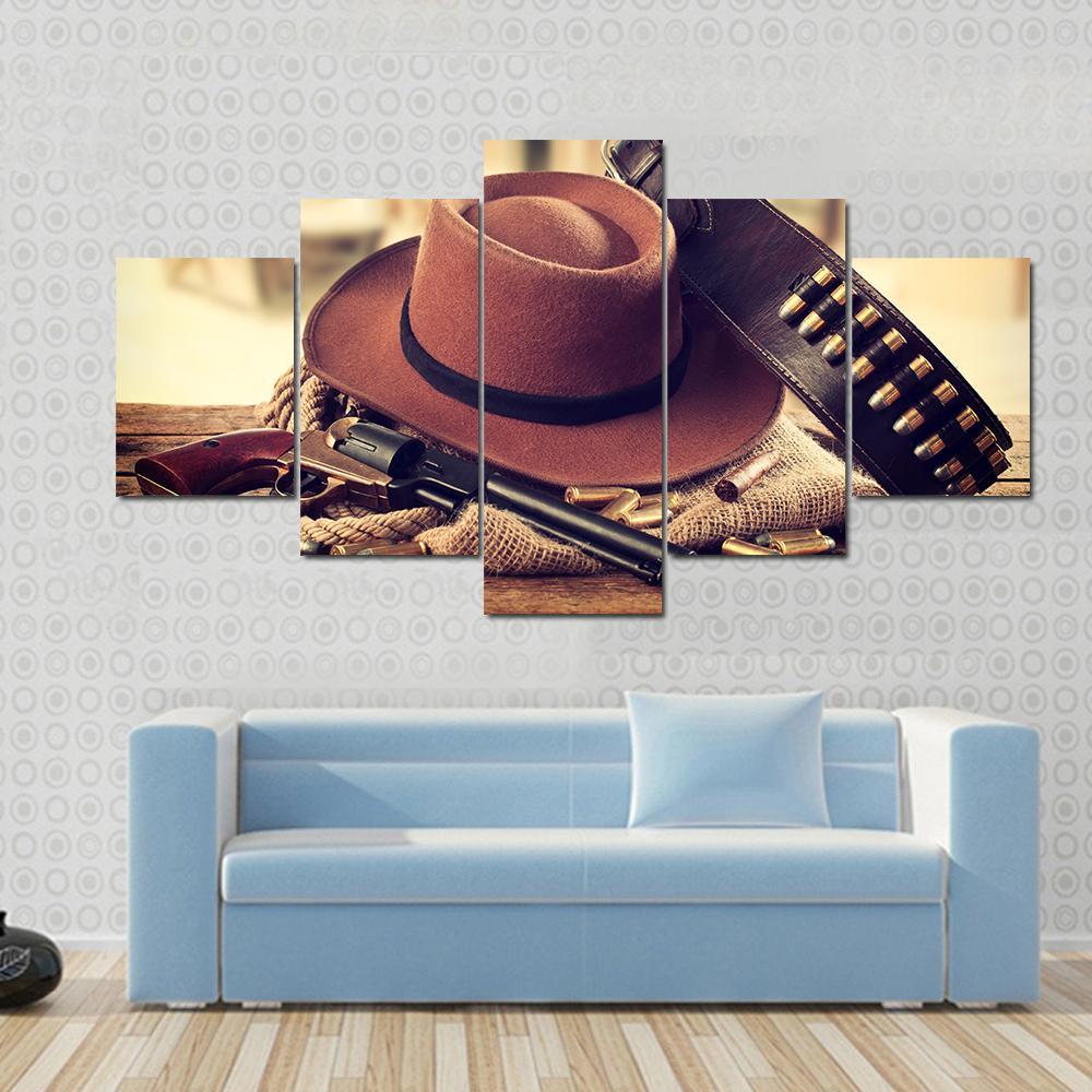 Cowboy Hat & Gun Canvas Wall Art-5 Star-Gallery Wrap-62" x 32"-Tiaracle