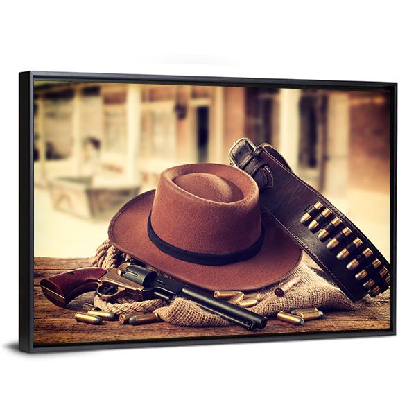 Cowboy Hat & Gun Canvas Wall Art-3 Horizontal-Gallery Wrap-25" x 16"-Tiaracle