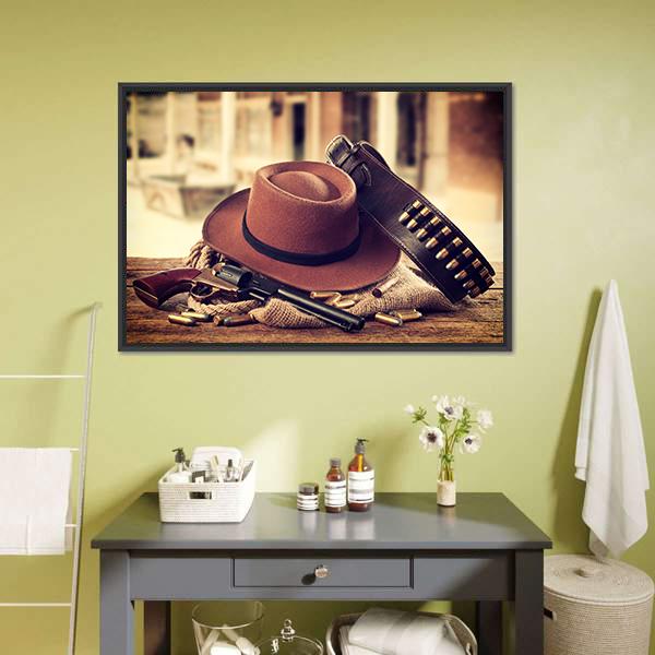 Cowboy Hat & Gun Canvas Wall Art-3 Horizontal-Gallery Wrap-25" x 16"-Tiaracle