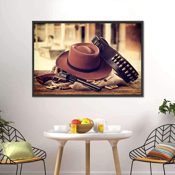 Cowboy Hat & Gun Canvas Wall Art-1 Piece-Floating Frame-24" x 16"-Tiaracle