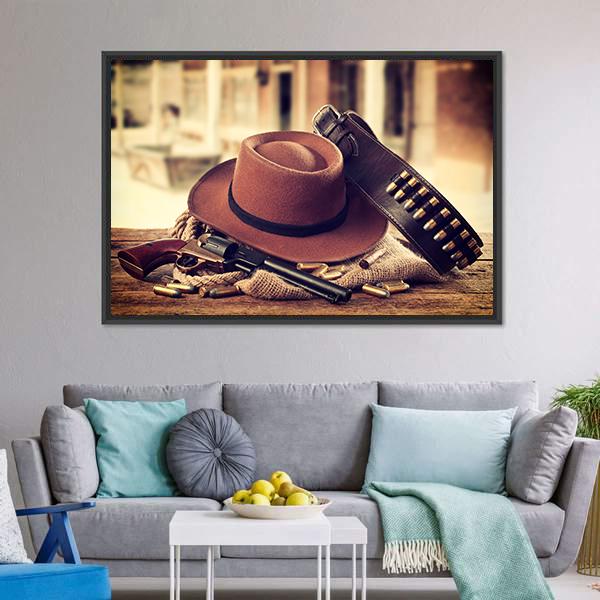 Cowboy Hat & Gun Canvas Wall Art-3 Horizontal-Gallery Wrap-25" x 16"-Tiaracle