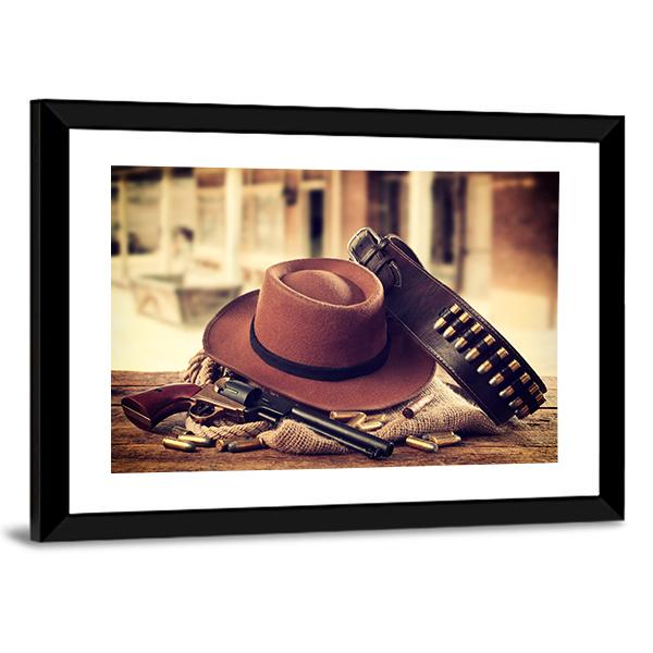 Cowboy Hat & Gun Canvas Wall Art-3 Horizontal-Gallery Wrap-25" x 16"-Tiaracle