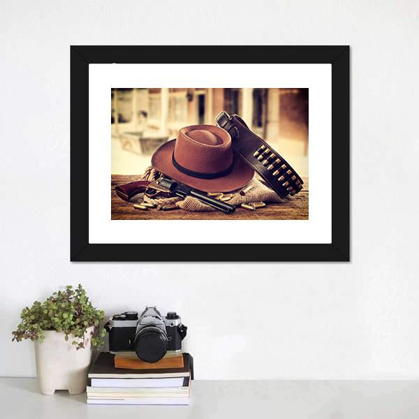 Cowboy Hat & Gun Canvas Wall Art-3 Horizontal-Gallery Wrap-25" x 16"-Tiaracle