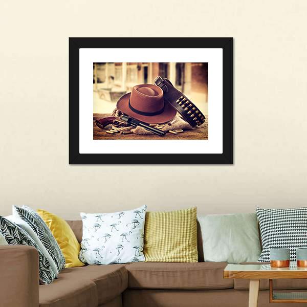 Cowboy Hat & Gun Canvas Wall Art-1 Piece-Framed Print-20" x 16"-Tiaracle