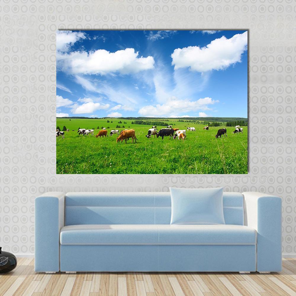 Cows In Green Meadow Canvas Wall Art-1 Piece-Gallery Wrap-48" x 32"-Tiaracle