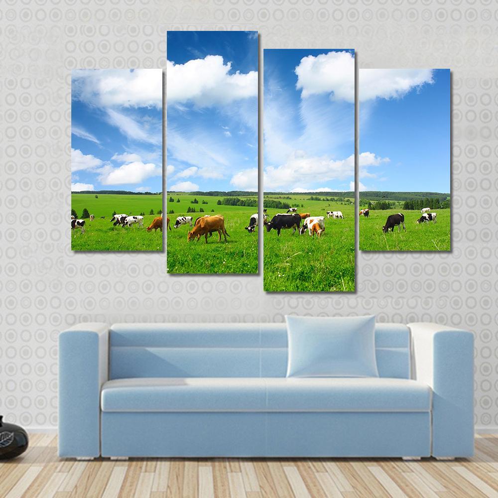 Cows In Green Meadow Canvas Wall Art-4 Pop-Gallery Wrap-50" x 32"-Tiaracle