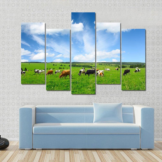 Cows In Green Meadow Canvas Wall Art-5 Pop-Gallery Wrap-47" x 32"-Tiaracle