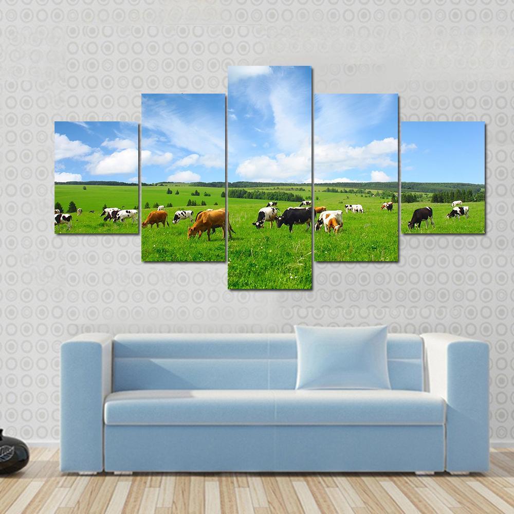 Cows In Green Meadow Canvas Wall Art-5 Star-Gallery Wrap-62" x 32"-Tiaracle