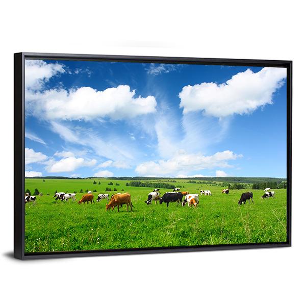 Cows In Green Meadow Canvas Wall Art-3 Horizontal-Gallery Wrap-25" x 16"-Tiaracle