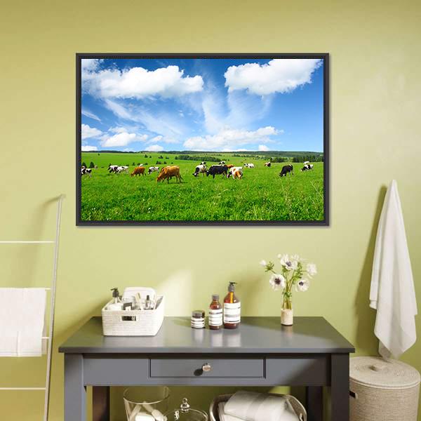 Cows In Green Meadow Canvas Wall Art-3 Horizontal-Gallery Wrap-25" x 16"-Tiaracle