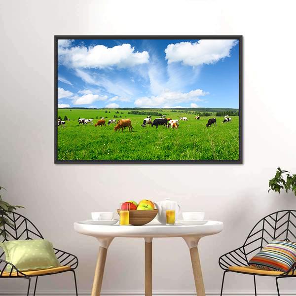 Cows In Green Meadow Canvas Wall Art-1 Piece-Floating Frame-24" x 16"-Tiaracle