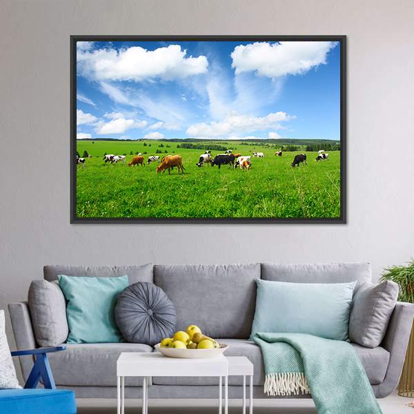 Cows In Green Meadow Canvas Wall Art-3 Horizontal-Gallery Wrap-25" x 16"-Tiaracle