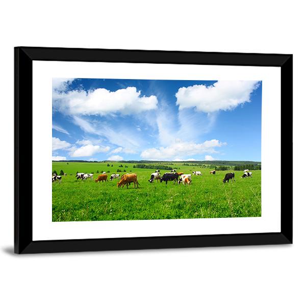 Cows In Green Meadow Canvas Wall Art-3 Horizontal-Gallery Wrap-25" x 16"-Tiaracle