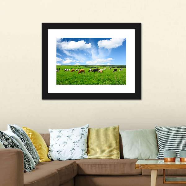 Cows In Green Meadow Canvas Wall Art-1 Piece-Framed Print-20" x 16"-Tiaracle