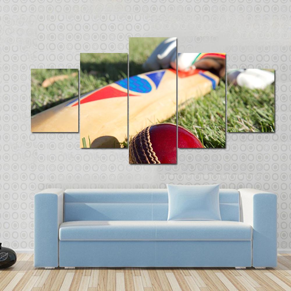 Cricket Ball Bat & Gloves Canvas Wall Art-5 Star-Gallery Wrap-62" x 32"-Tiaracle