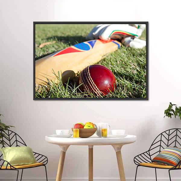 Cricket Ball Bat & Gloves Canvas Wall Art-1 Piece-Floating Frame-24" x 16"-Tiaracle