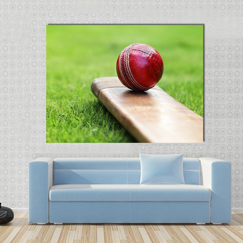 Cricket Ball On Bat Canvas Wall Art-1 Piece-Gallery Wrap-48" x 32"-Tiaracle