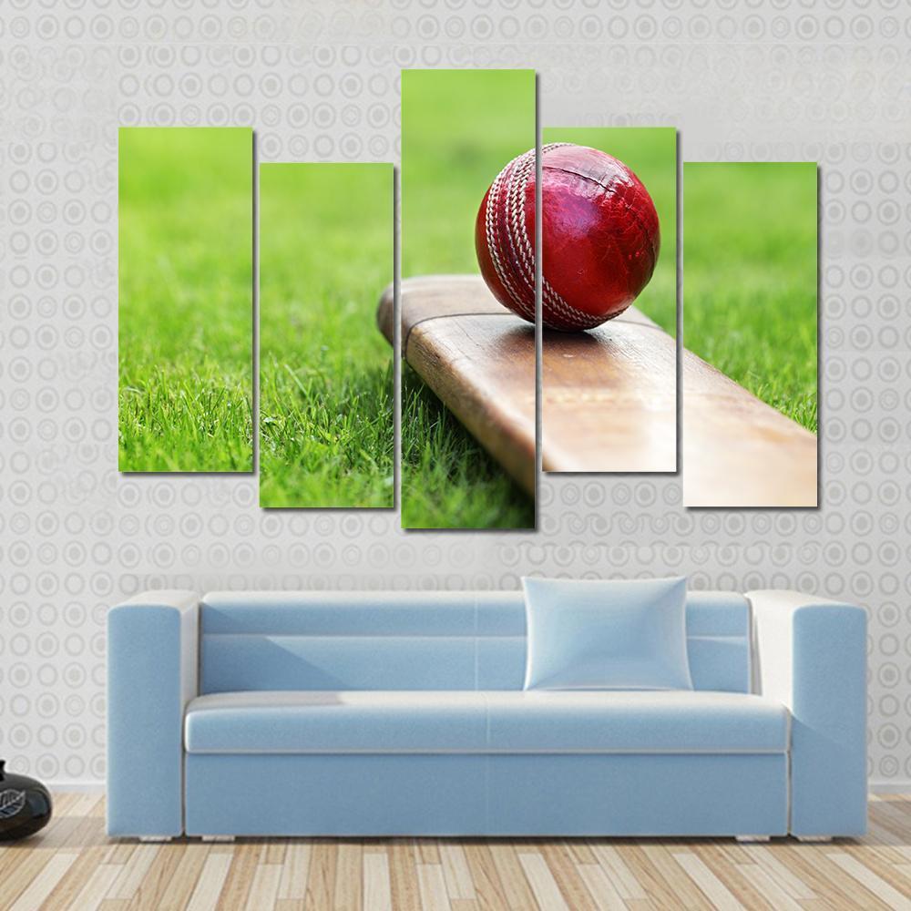 Cricket Ball On Bat Canvas Wall Art-5 Pop-Gallery Wrap-47" x 32"-Tiaracle