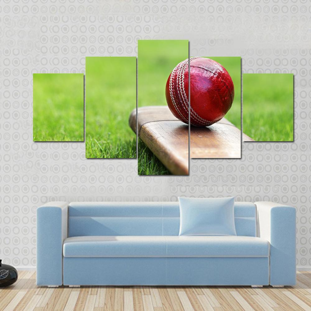 Cricket Ball On Bat Canvas Wall Art-5 Star-Gallery Wrap-62" x 32"-Tiaracle