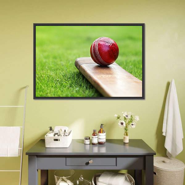 Cricket Ball On Bat Canvas Wall Art-3 Horizontal-Gallery Wrap-25" x 16"-Tiaracle