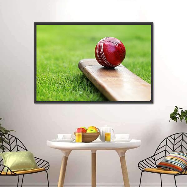 Cricket Ball On Bat Canvas Wall Art-1 Piece-Floating Frame-24" x 16"-Tiaracle