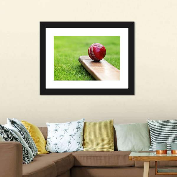 Cricket Ball On Bat Canvas Wall Art-1 Piece-Framed Print-20" x 16"-Tiaracle