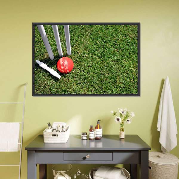 Cricket Ball & Stumps Canvas Wall Art-3 Horizontal-Gallery Wrap-25" x 16"-Tiaracle