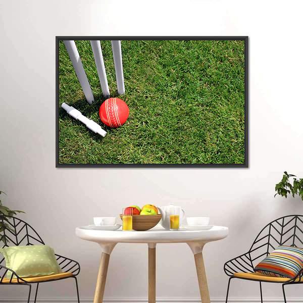 Cricket Ball & Stumps Canvas Wall Art-1 Piece-Floating Frame-24" x 16"-Tiaracle