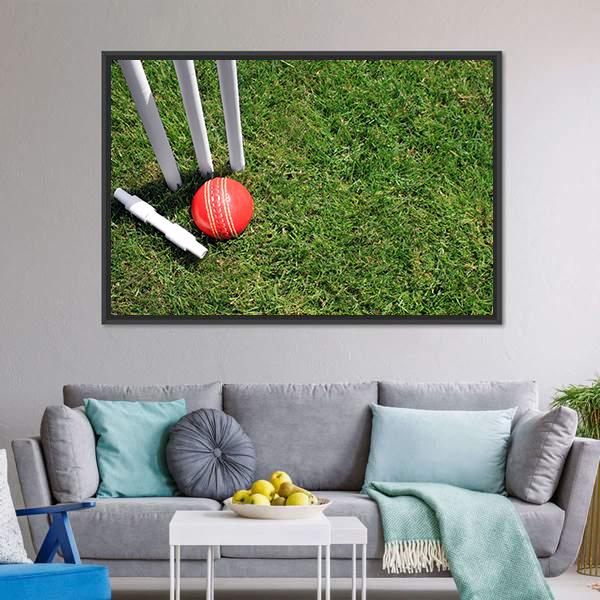 Cricket Ball & Stumps Canvas Wall Art-3 Horizontal-Gallery Wrap-25" x 16"-Tiaracle