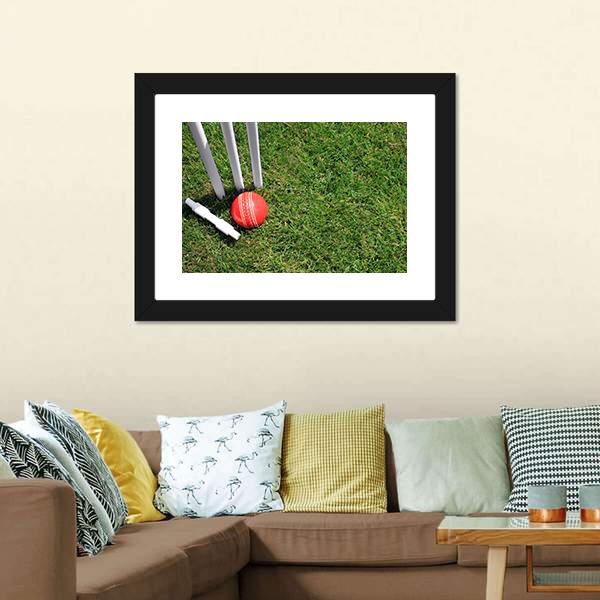 Cricket Ball & Stumps Canvas Wall Art-1 Piece-Framed Print-20" x 16"-Tiaracle