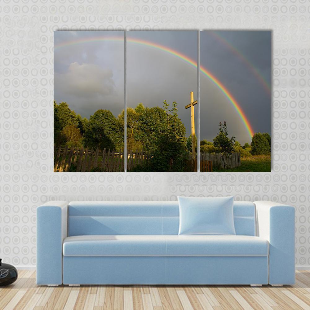 Cross & Rainbow Canvas Wall Art-3 Horizontal-Gallery Wrap-37" x 24"-Tiaracle