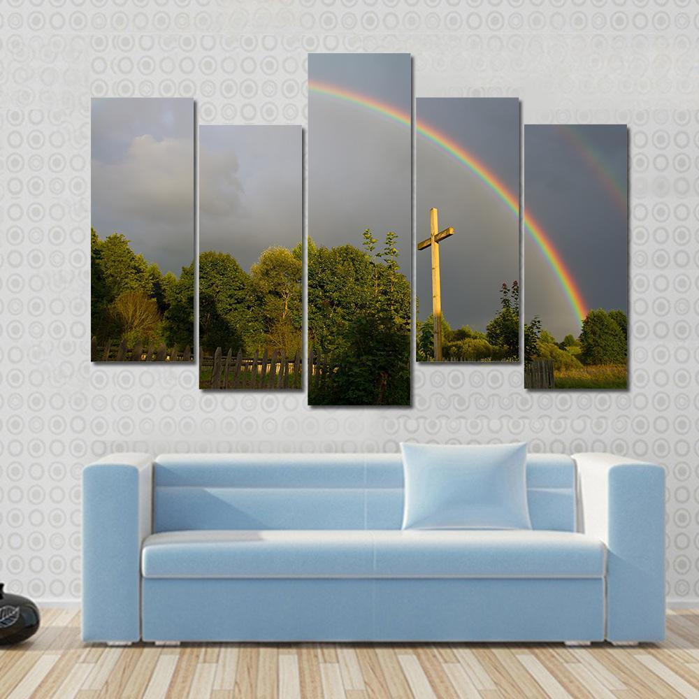 Cross & Rainbow Canvas Wall Art-5 Pop-Gallery Wrap-47" x 32"-Tiaracle