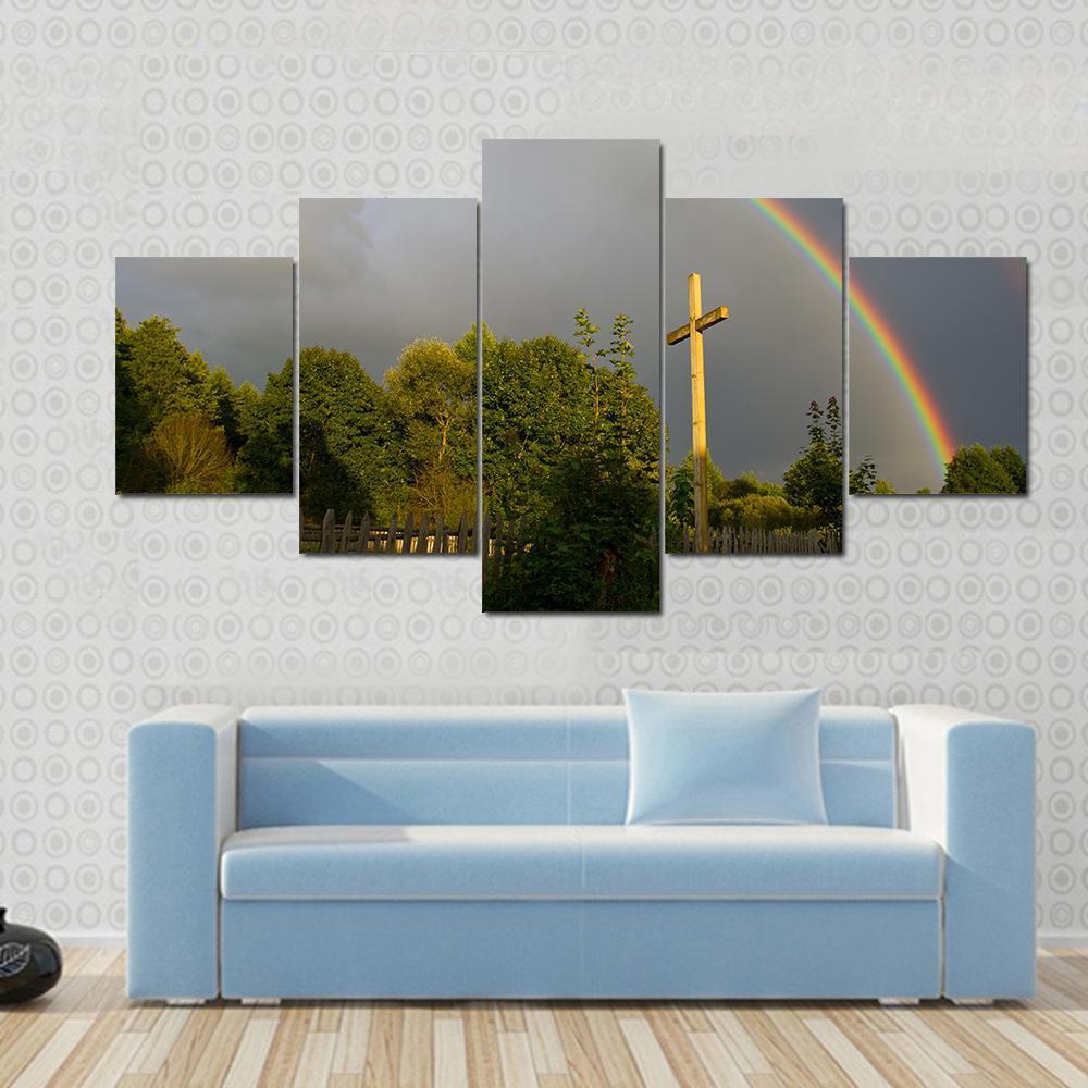 Cross & Rainbow Canvas Wall Art-5 Star-Gallery Wrap-62" x 32"-Tiaracle