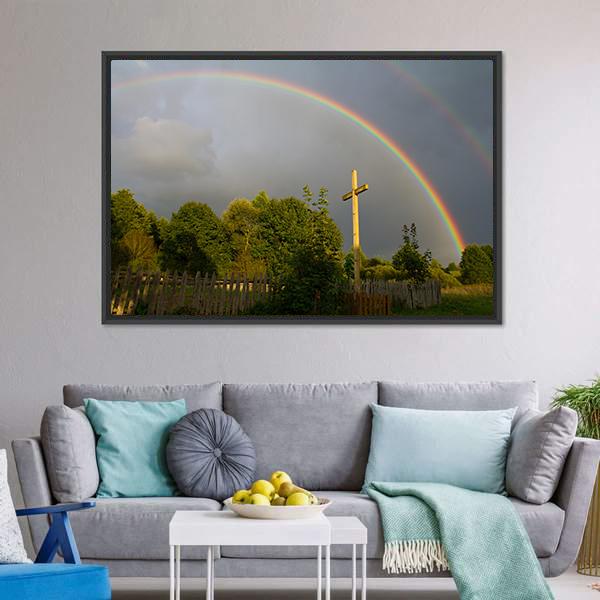 Cross & Rainbow Canvas Wall Art-3 Horizontal-Gallery Wrap-25" x 16"-Tiaracle