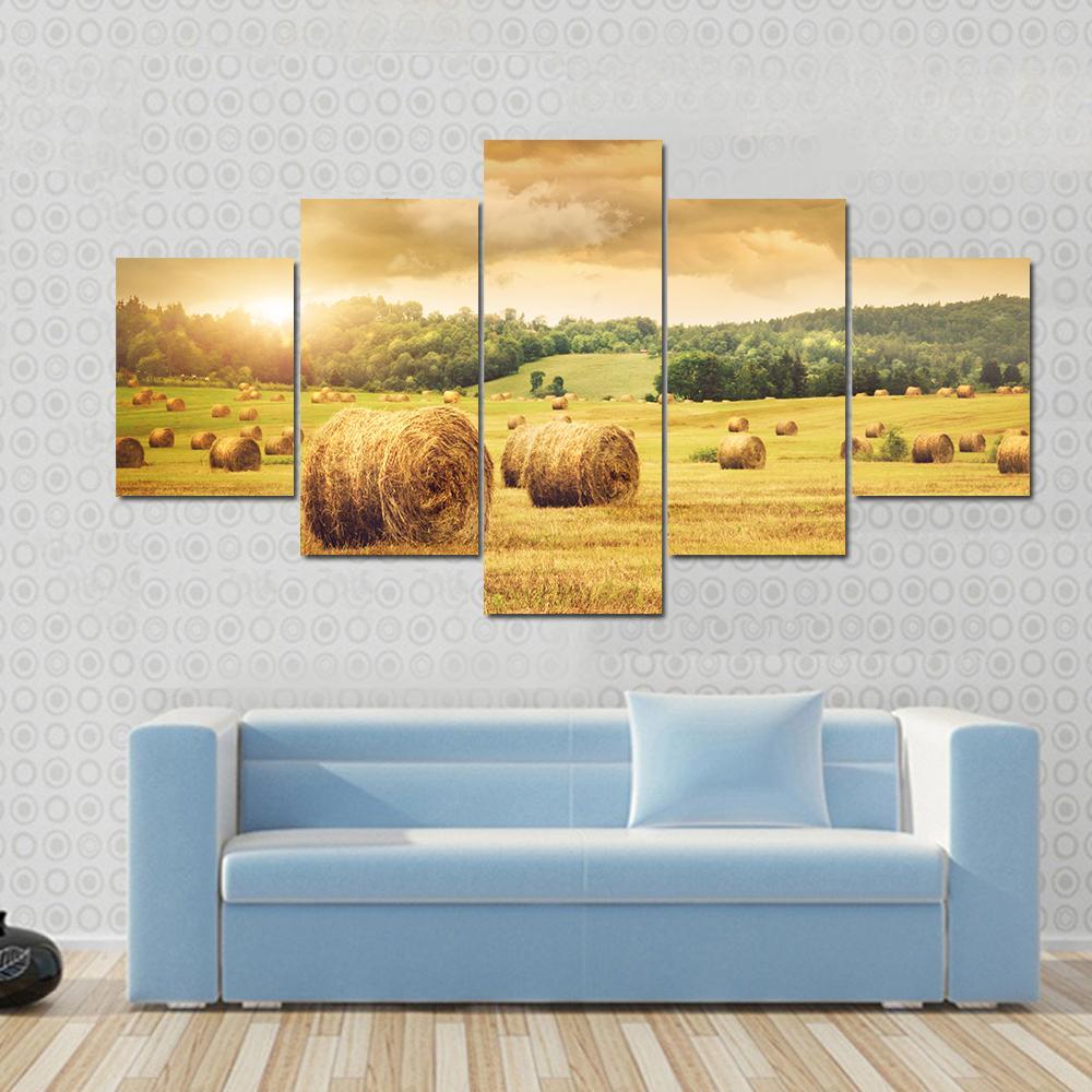 Cut Bales Of Hay Canvas Wall Art-5 Star-Gallery Wrap-62" x 32"-Tiaracle