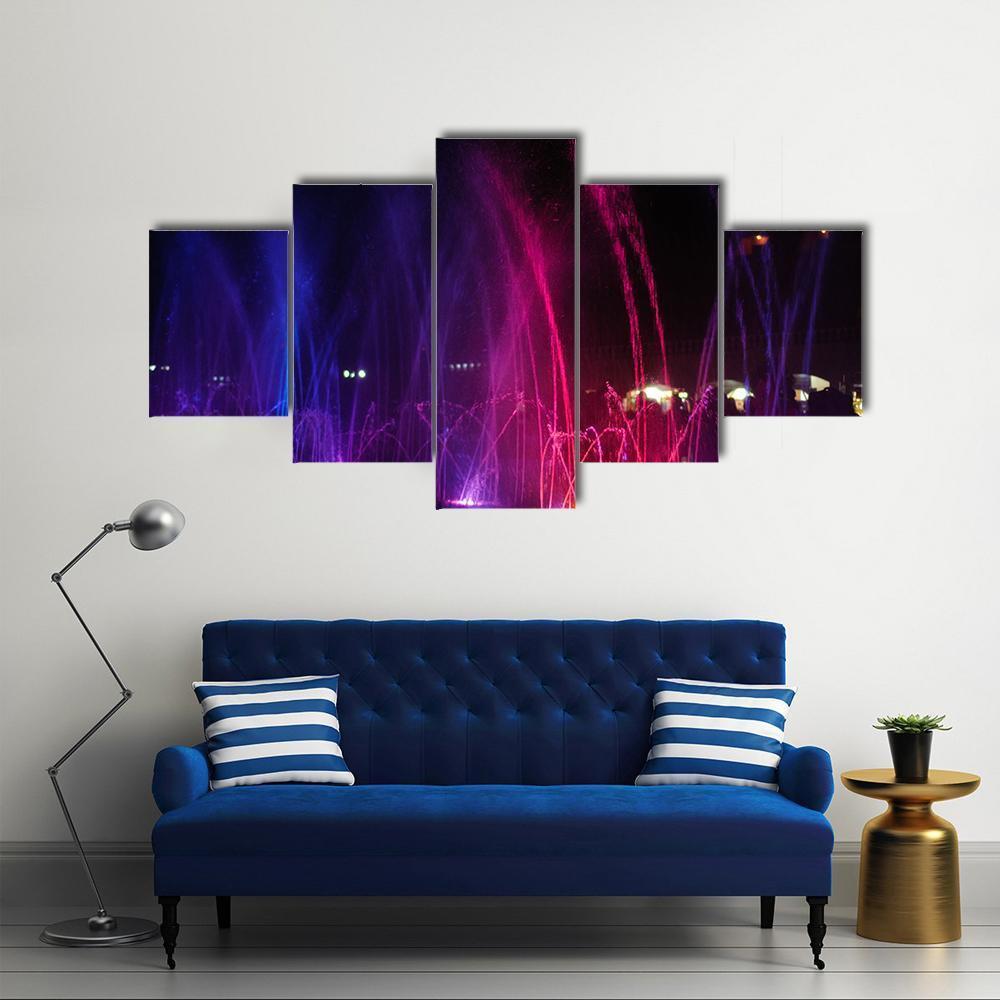 Dancing Fountains At Night Canvas Wall Art-5 Star-Gallery Wrap-62" x 32"-Tiaracle