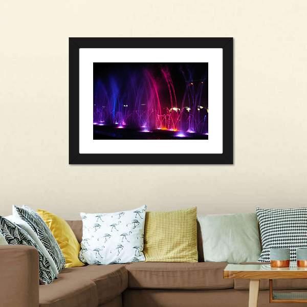 Dancing Fountains At Night Canvas Wall Art-1 Piece-Framed Print-20" x 16"-Tiaracle