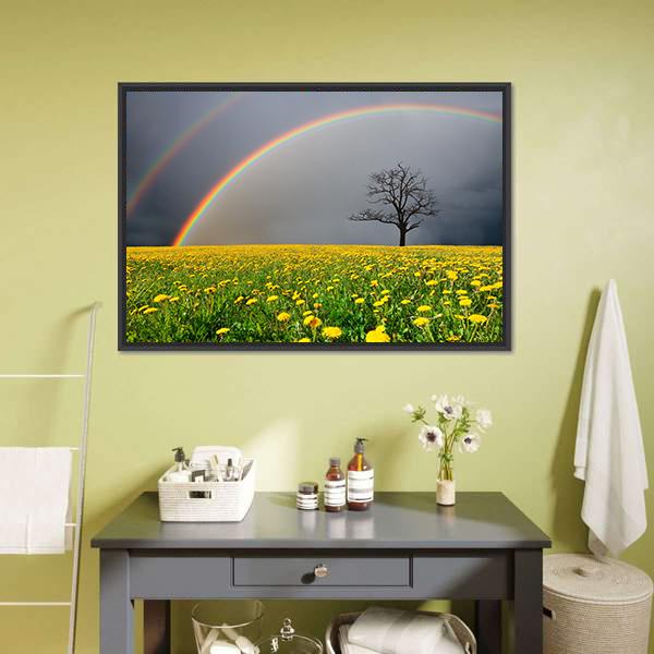 Dandelion Field With Rainbow Canvas Wall Art-3 Horizontal-Gallery Wrap-25" x 16"-Tiaracle