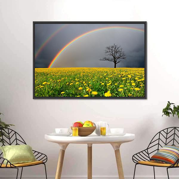 Dandelion Field With Rainbow Canvas Wall Art-1 Piece-Floating Frame-24" x 16"-Tiaracle