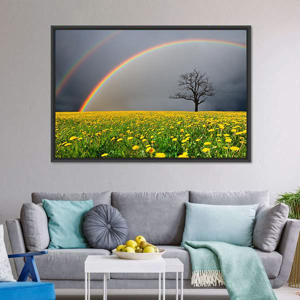 Dandelion Field With Rainbow Canvas Wall Art-3 Horizontal-Gallery Wrap-25" x 16"-Tiaracle