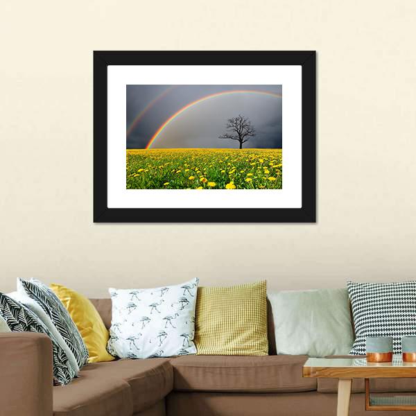 Dandelion Field With Rainbow Canvas Wall Art-1 Piece-Framed Print-20" x 16"-Tiaracle