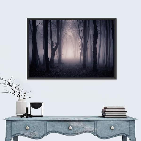 Dark Foggy Forest Path Canvas Wall Art-1 Piece-Floating Frame-24" x 16"-Tiaracle