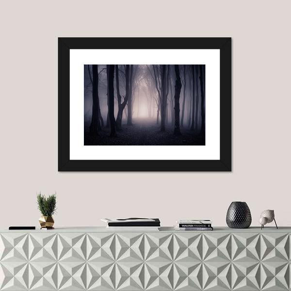 Dark Foggy Forest Path Canvas Wall Art-1 Piece-Framed Print-20" x 16"-Tiaracle