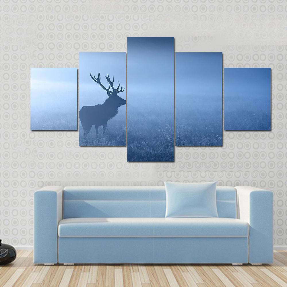 Deer In Fog Canvas Wall Art-5 Star-Gallery Wrap-62" x 32"-Tiaracle