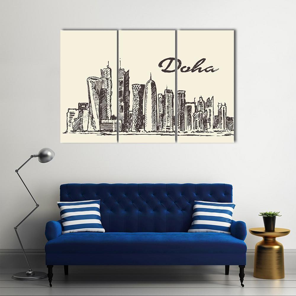 Doha Skyline Sketch Canvas Wall Art-3 Horizontal-Gallery Wrap-37" x 24"-Tiaracle