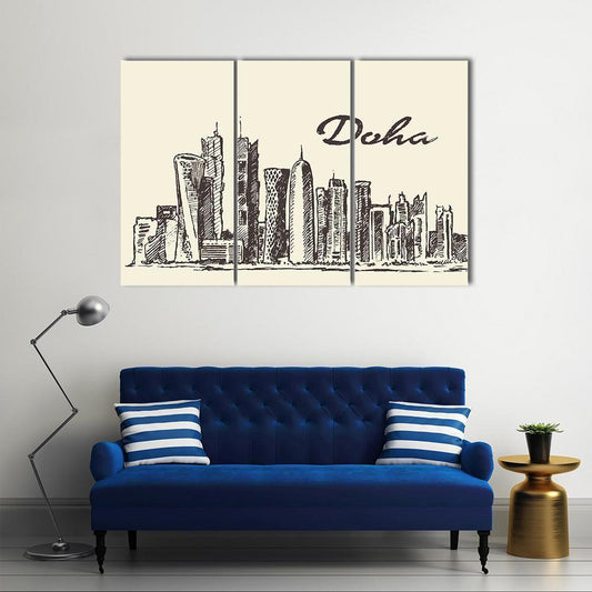 Doha Skyline Sketch Canvas Wall Art-3 Horizontal-Gallery Wrap-37" x 24"-Tiaracle