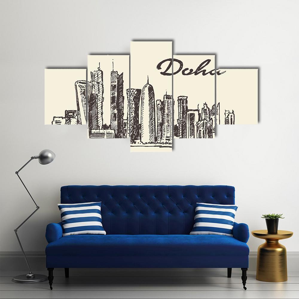 Doha Skyline Sketch Canvas Wall Art-5 Star-Gallery Wrap-62" x 32"-Tiaracle