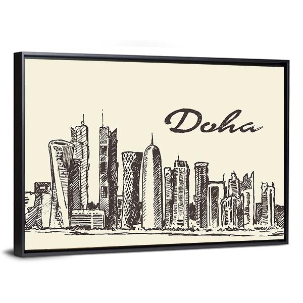 Doha Skyline Sketch Canvas Wall Art-3 Horizontal-Gallery Wrap-25" x 16"-Tiaracle