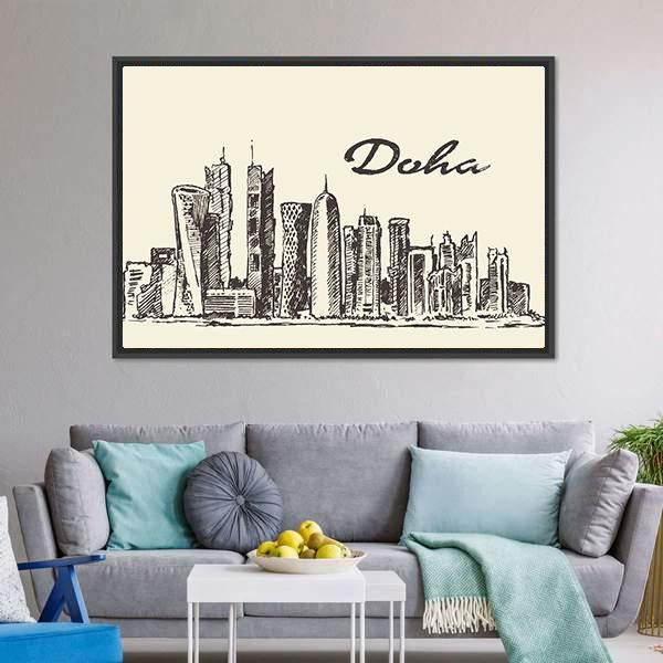 Doha Skyline Sketch Canvas Wall Art-3 Horizontal-Gallery Wrap-25" x 16"-Tiaracle
