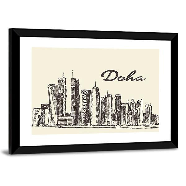Doha Skyline Sketch Canvas Wall Art-3 Horizontal-Gallery Wrap-25" x 16"-Tiaracle